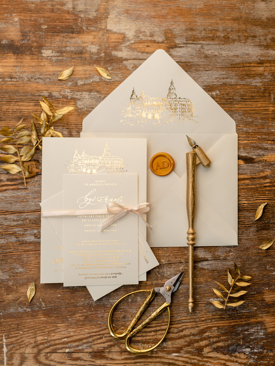 Zaproszenia ślubne Złote Glamour Proste  Złocone Zaproszenia Ślubne Minimalistyczne Zaproszenia na Ślub Twoje Miejsce szkicowane Zaproszenie Ślubne Kremowe2