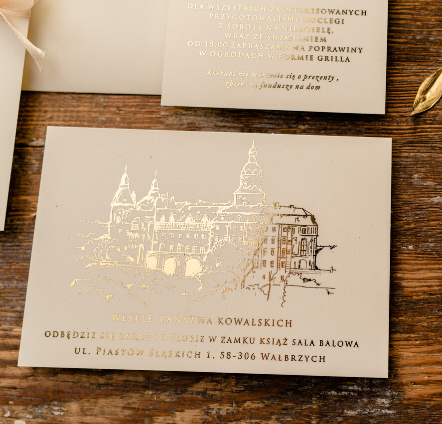 Zaproszenia ślubne Złote Glamour Proste  Złocone Zaproszenia Ślubne Minimalistyczne Zaproszenia na Ślub Twoje Miejsce szkicowane Zaproszenie Ślubne Kremowe3