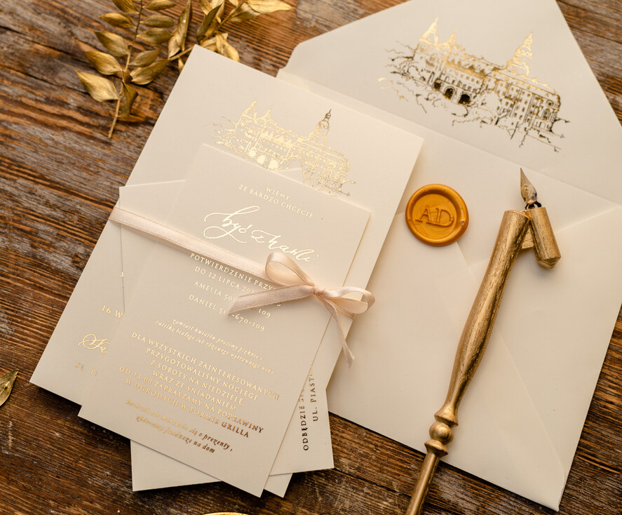 Zaproszenia ślubne Złote Glamour Proste  Złocone Zaproszenia Ślubne Minimalistyczne Zaproszenia na Ślub Twoje Miejsce szkicowane Zaproszenie Ślubne Kremowe5