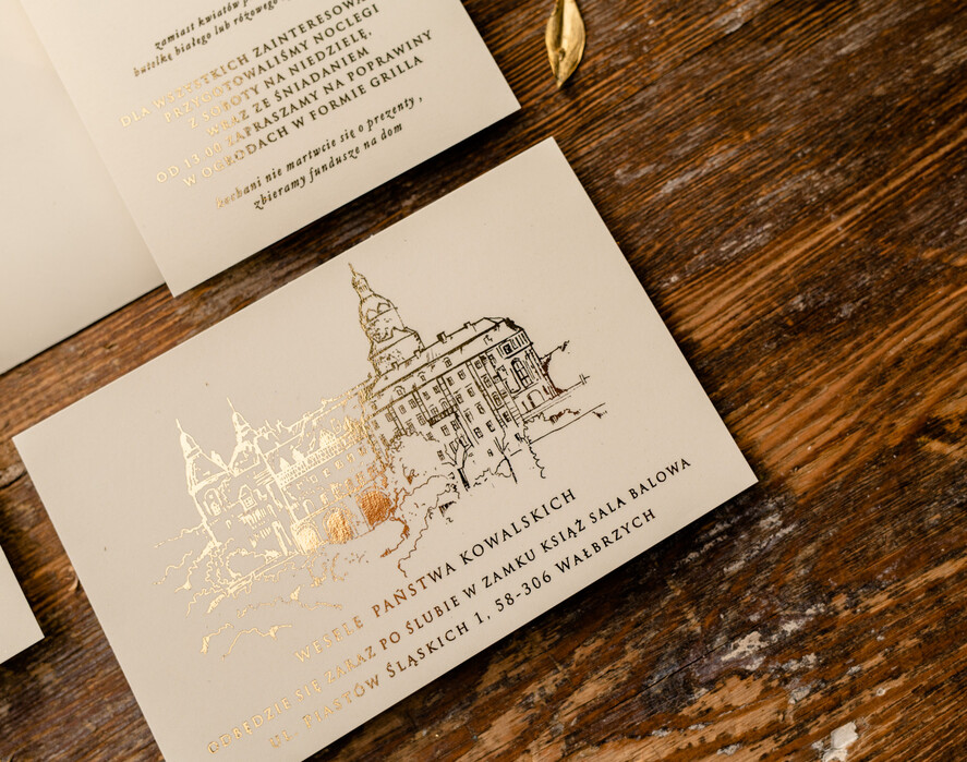 Zaproszenia ślubne Złote Glamour Proste  Złocone Zaproszenia Ślubne Minimalistyczne Zaproszenia na Ślub Twoje Miejsce szkicowane Zaproszenie Ślubne Kremowe7