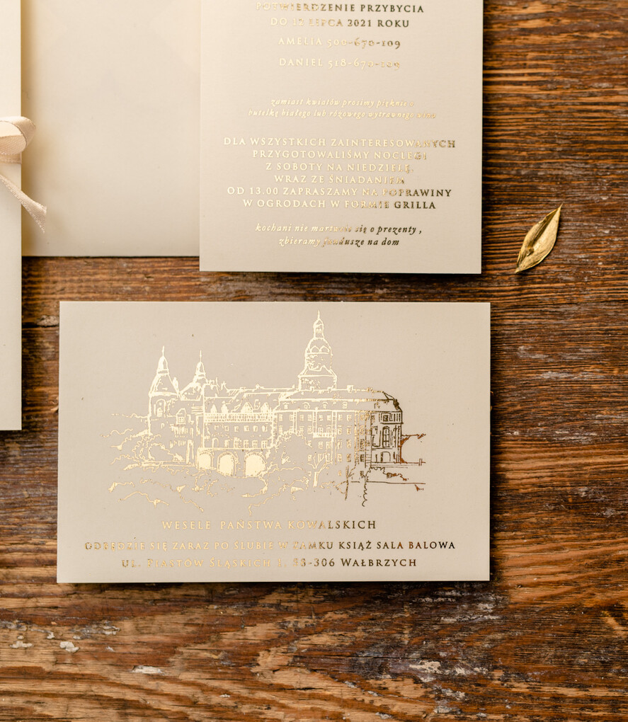 Zaproszenia ślubne Złote Glamour Proste  Złocone Zaproszenia Ślubne Minimalistyczne Zaproszenia na Ślub Twoje Miejsce szkicowane Zaproszenie Ślubne Kremowe8