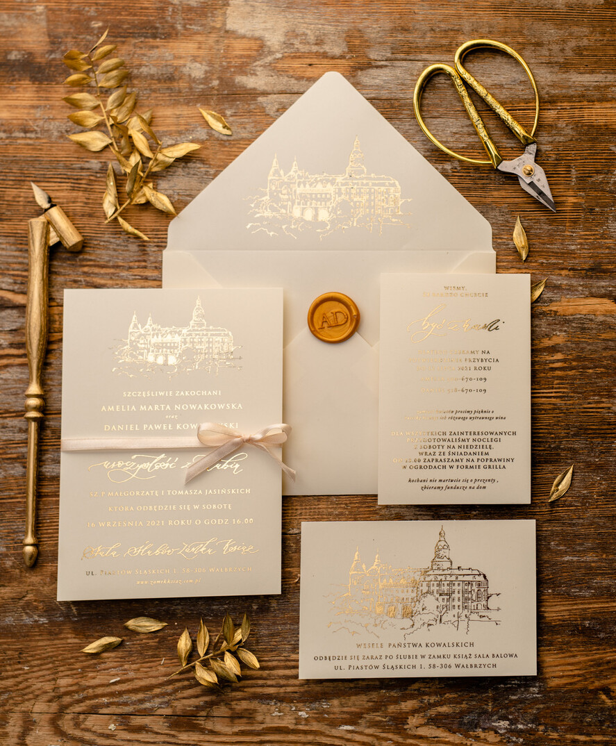 Zaproszenia ślubne Złote Glamour Proste  Złocone Zaproszenia Ślubne Minimalistyczne Zaproszenia na Ślub Twoje Miejsce szkicowane Zaproszenie Ślubne Kremowe0