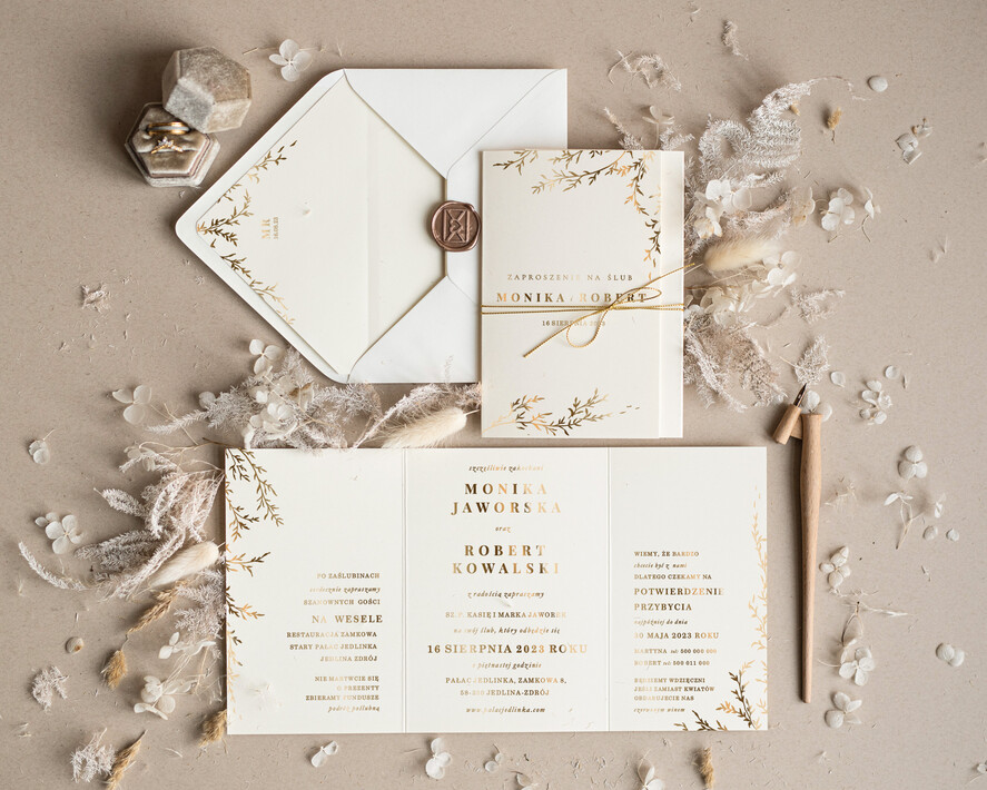 Zaproszenia ślubne Złote Glamour personalizowane zaproszenia ślubne, złoty i srebrny laminat, świecące litery na zaproszeniach 1