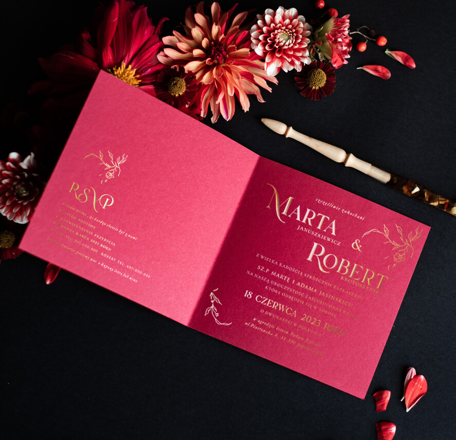 Zaproszenia ślubne Złote Glamour Ekskluzywne  Minimalistyczne zaproszenia ślubne, Welurowe zaproszenie ślubne Bordowe zaproszenie na ślub Welur4