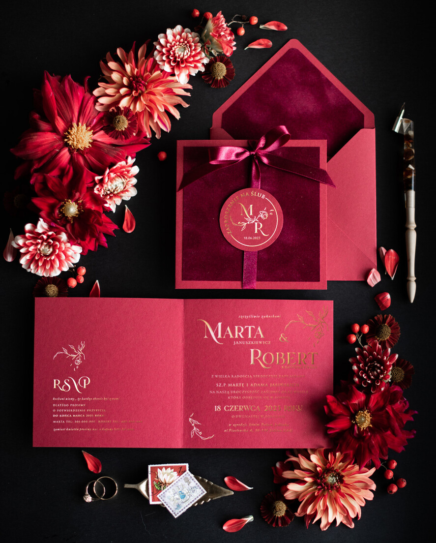 Zaproszenia ślubne Złote Glamour Ekskluzywne  Minimalistyczne zaproszenia ślubne, Welurowe zaproszenie ślubne Bordowe zaproszenie na ślub Welur0