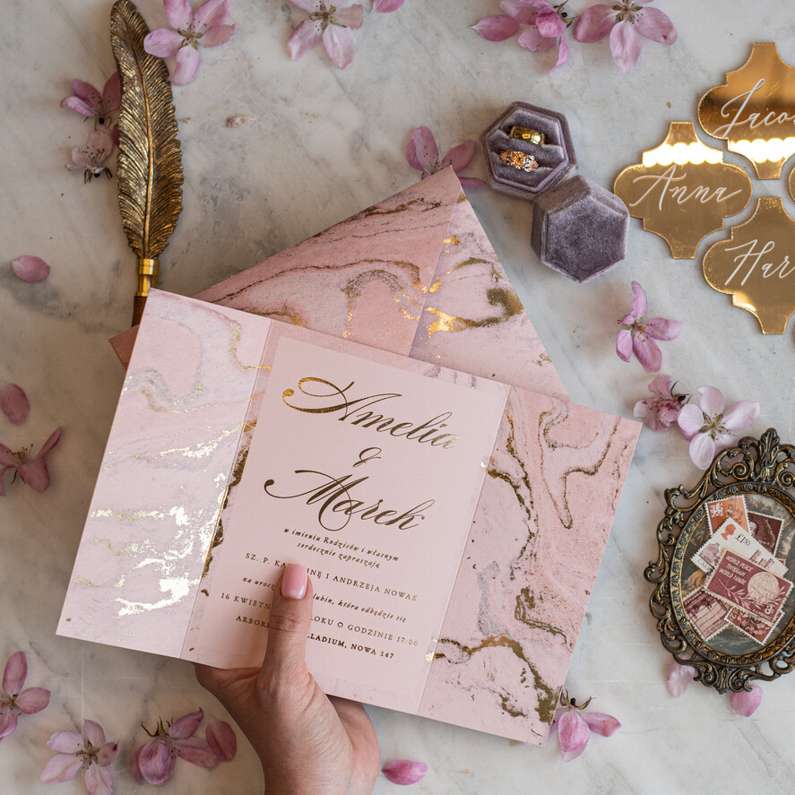 Zaproszenia ślubne Złote Glamour Marmurkowe Zaproszenia Ślubne Różowe złote Zaproszenie na Ślub Glamour Złocone Zaproszenia na Ślub Cywilny1