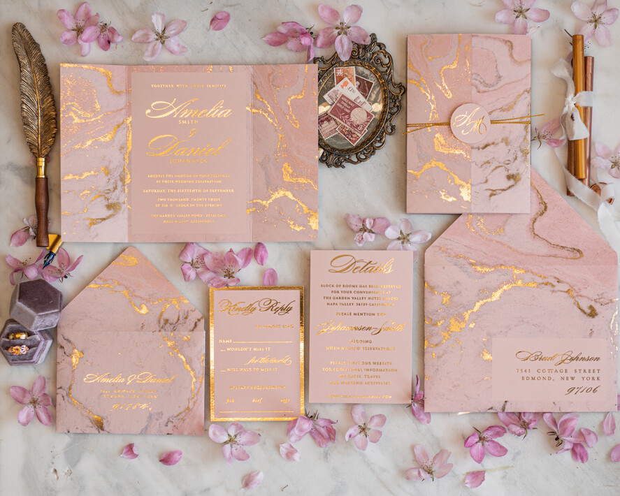 Zaproszenia ślubne Złote Glamour Marmurkowe Zaproszenia Ślubne Różowe złote Zaproszenie na Ślub Glamour Złocone Zaproszenia na Ślub Cywilny11