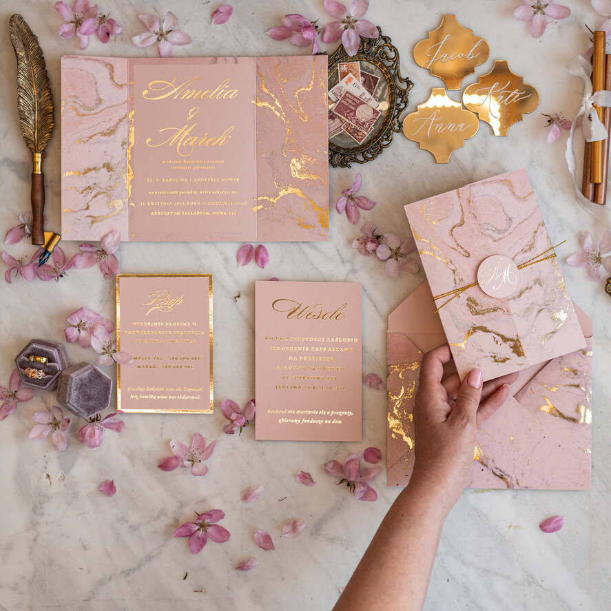 Zaproszenia ślubne Złote Glamour Marmurkowe Zaproszenia Ślubne Różowe złote Zaproszenie na Ślub Glamour Złocone Zaproszenia na Ślub Cywilny5