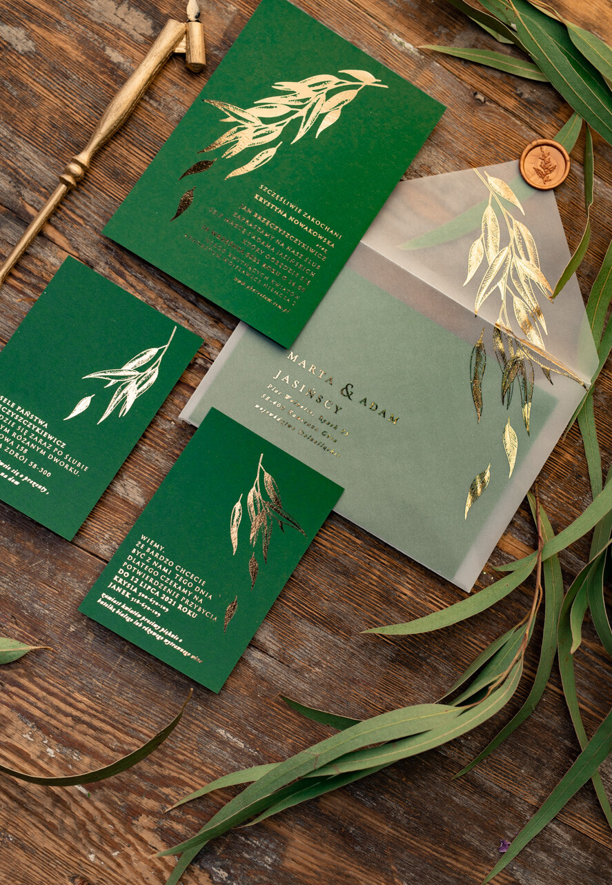 Zaproszenia ślubne Złote Glamour zoelono złote  zaproszenia ślubne eukaliptus listki  zaproszenia na ślub złocone w butelkowej zieleni10