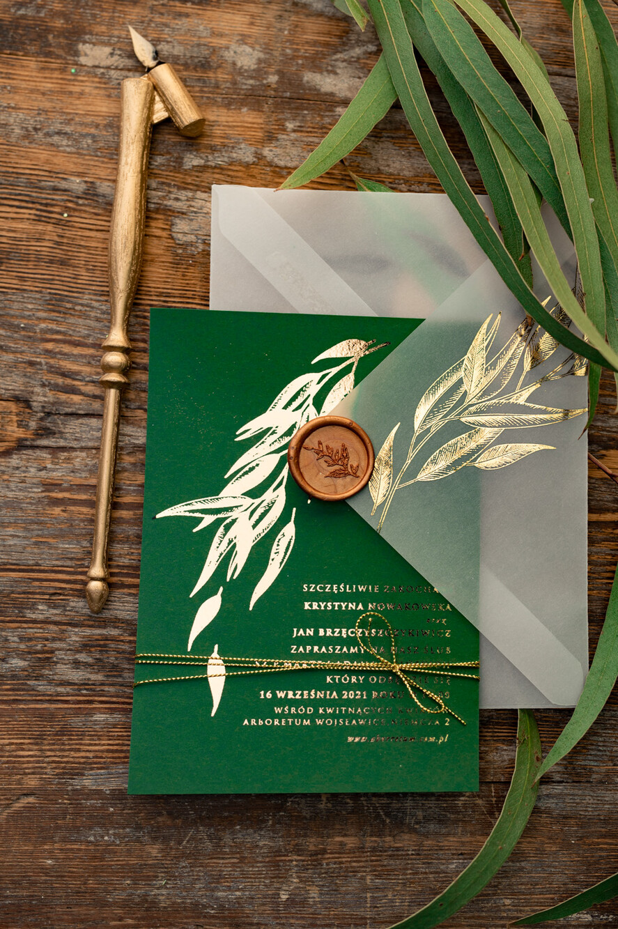 Zaproszenia ślubne Złote Glamour zoelono złote  zaproszenia ślubne eukaliptus listki  zaproszenia na ślub złocone w butelkowej zieleni12