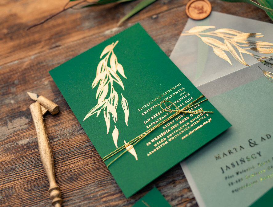 Zaproszenia ślubne Złote Glamour zoelono złote  zaproszenia ślubne eukaliptus listki  zaproszenia na ślub złocone w butelkowej zieleni13