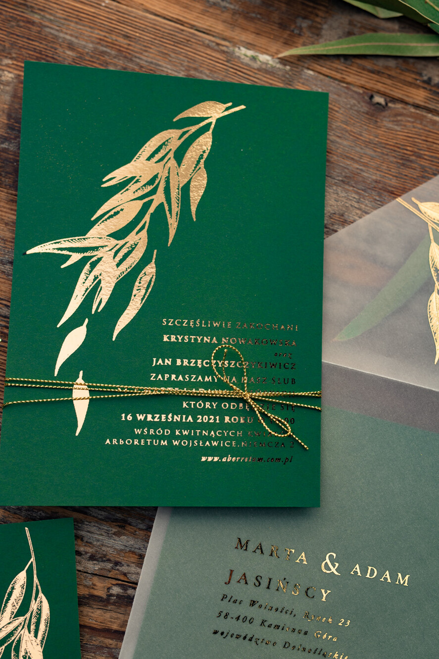 Zaproszenia ślubne Złote Glamour zoelono złote  zaproszenia ślubne eukaliptus listki  zaproszenia na ślub złocone w butelkowej zieleni14