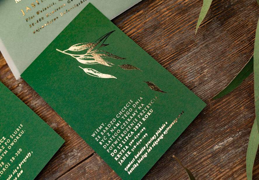 Zaproszenia ślubne Złote Glamour zoelono złote  zaproszenia ślubne eukaliptus listki  zaproszenia na ślub złocone w butelkowej zieleni15