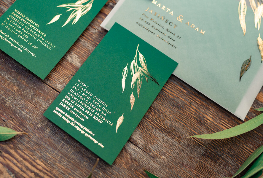 Zaproszenia ślubne Złote Glamour zoelono złote  zaproszenia ślubne eukaliptus listki  zaproszenia na ślub złocone w butelkowej zieleni3