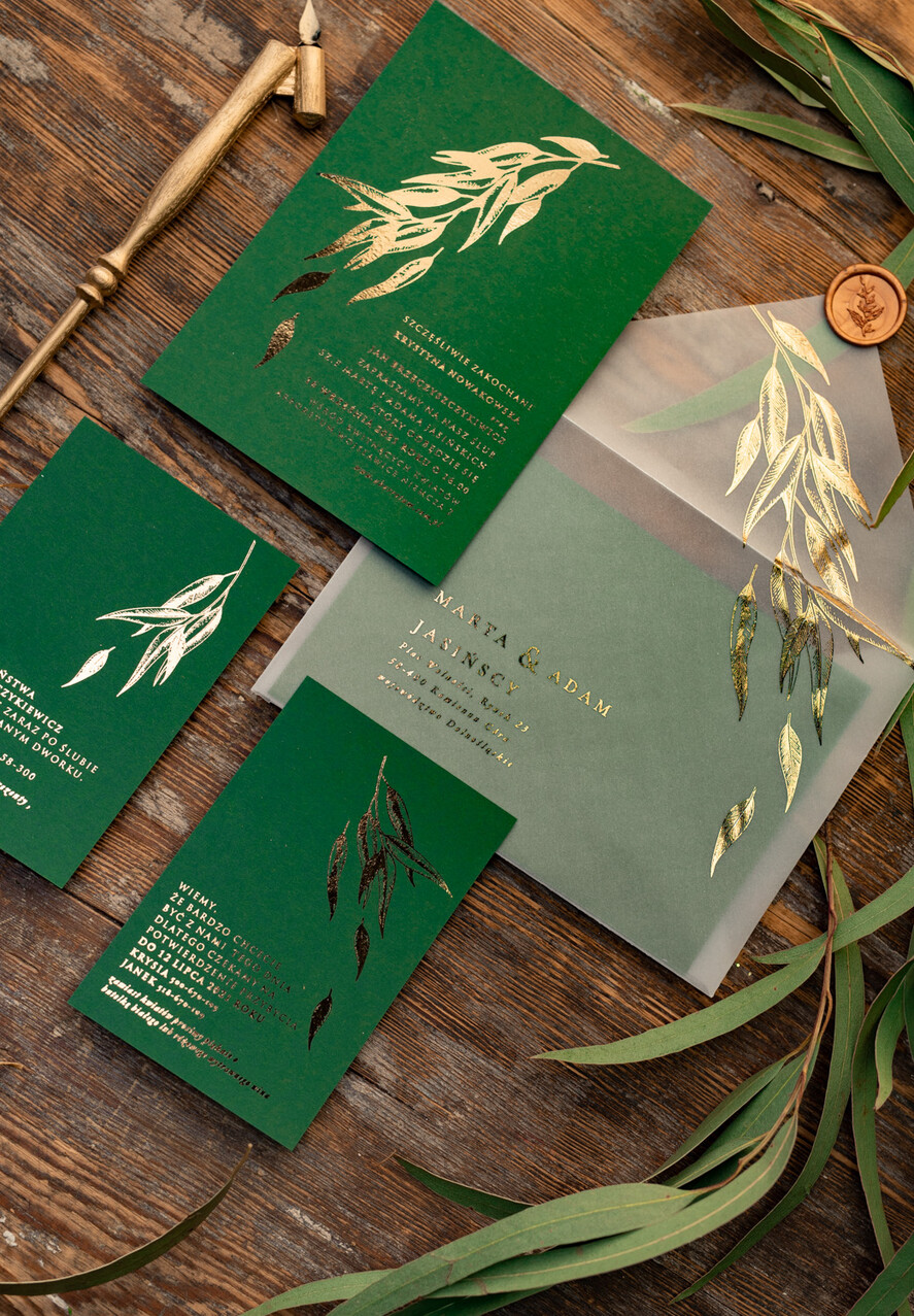 Zaproszenia ślubne Złote Glamour zoelono złote  zaproszenia ślubne eukaliptus listki  zaproszenia na ślub złocone w butelkowej zieleni5