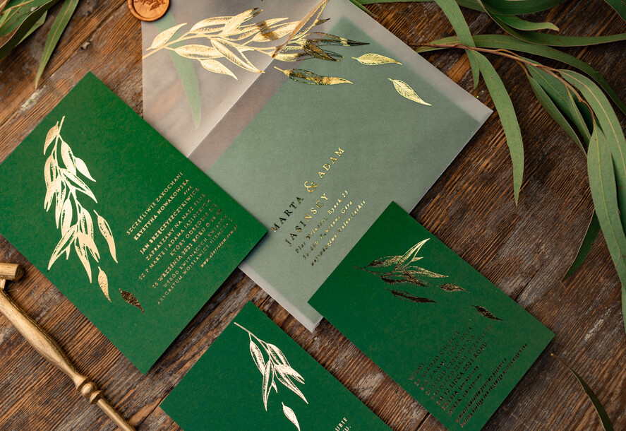 Zaproszenia ślubne Złote Glamour zoelono złote  zaproszenia ślubne eukaliptus listki  zaproszenia na ślub złocone w butelkowej zieleni8