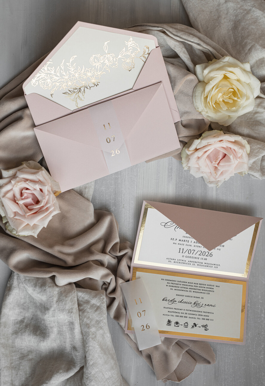 Zaproszenia ślubne Złote Glamour eleganckie złote zaproszenia ślubne, delikatne zaproszenie na ślub, zaproszenie ślubne w stylu glamour, złote litery na zaproszeniach ślubnych, zaproszenia ślubne składane w kopertę 4