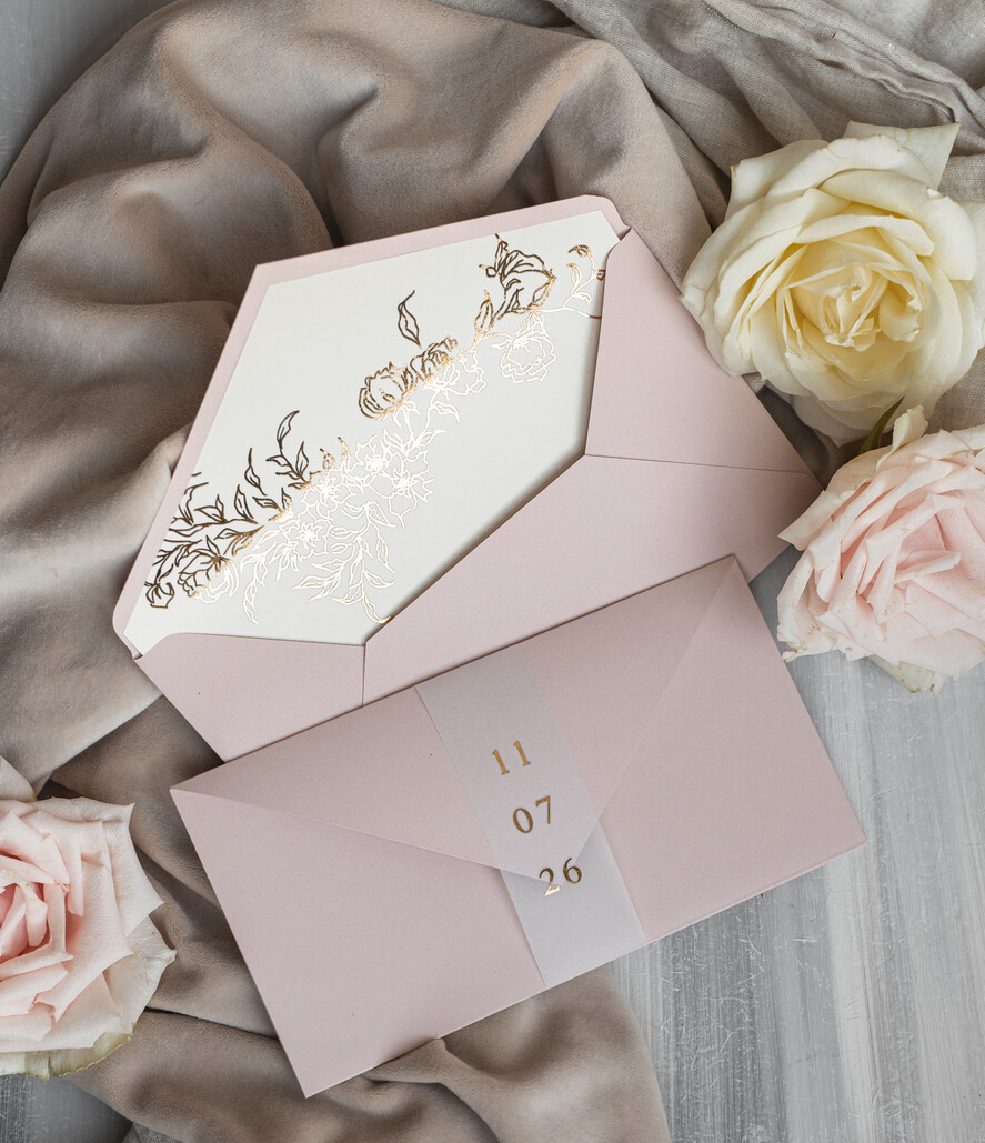 Zaproszenia ślubne Złote Glamour eleganckie złote zaproszenia ślubne, delikatne zaproszenie na ślub, zaproszenie ślubne w stylu glamour, złote litery na zaproszeniach ślubnych, zaproszenia ślubne składane w kopertę 14