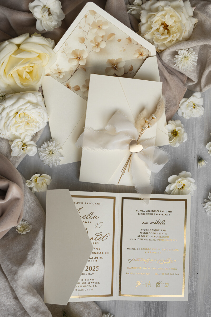 Zaproszenia ślubne Złote Glamour Eleganckie Zaproszenie Na Ślub Z Suszonym Dmuszkiem, Wyjątkowe Zaproszenia Ślubne Z Dmuszkiem, Zaproszenia Na Ślub W Stylu Glamour2
