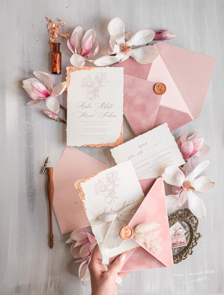 Zaproszenia ślubne Złote Glamour Darte zaproszenia ślubne z płatkami złota, delikatne zaproszenia na ślub ze złotem, zaproszenie glamour z jedwabną wstążką złote zaproszenia na ślub1