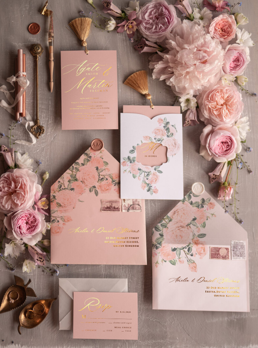 Zaproszenia ślubne Złote Glamour ekskluzywne zaproszenia ślubne złote luksusowe zaproszenia na ślub boho kwiaty w kopercie i etui3