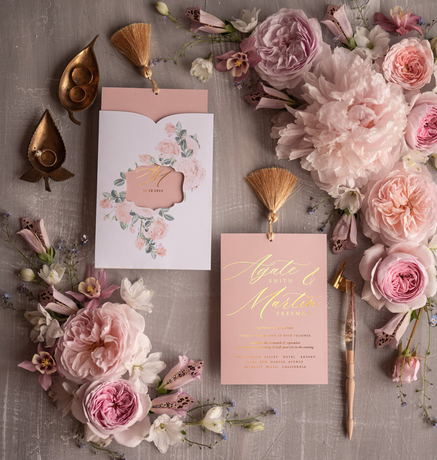 Zaproszenia ślubne Złote Glamour ekskluzywne zaproszenia ślubne złote luksusowe zaproszenia na ślub boho kwiaty w kopercie i etui6