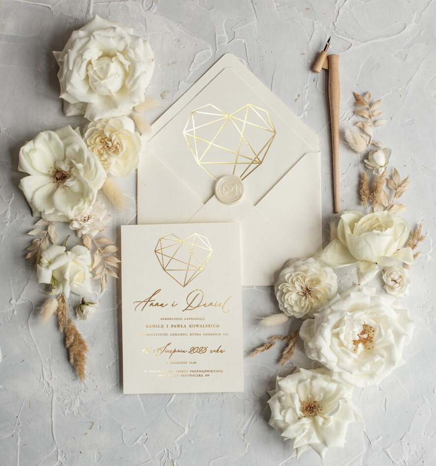 Zaproszenia ślubne Złote Glamour Złote  błyszczące zaproszenie na ślub z geometrycznym secem Złote Zaproszenia Ślubne z Listkami  Glamour Proste  Złocone Zaproszenie na Ślub10