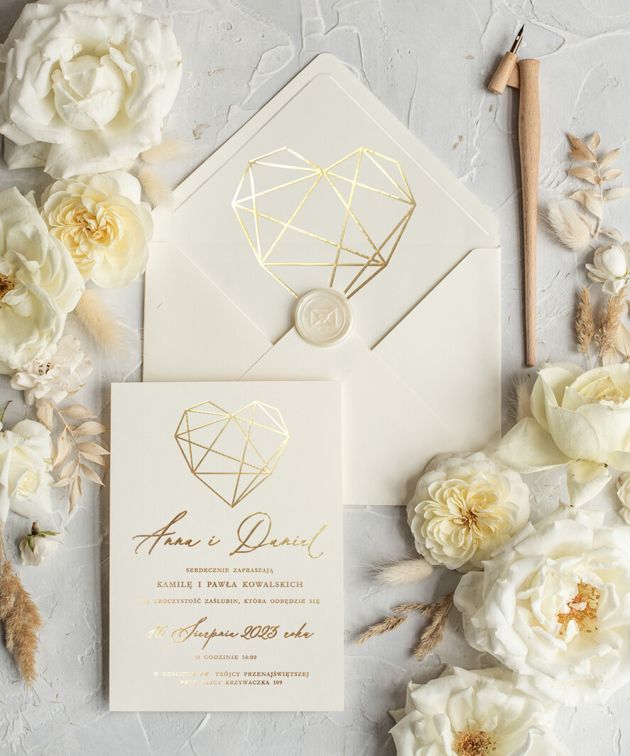 Zaproszenia ślubne Złote Glamour Złote  błyszczące zaproszenie na ślub z geometrycznym secem Złote Zaproszenia Ślubne z Listkami  Glamour Proste  Złocone Zaproszenie na Ślub2