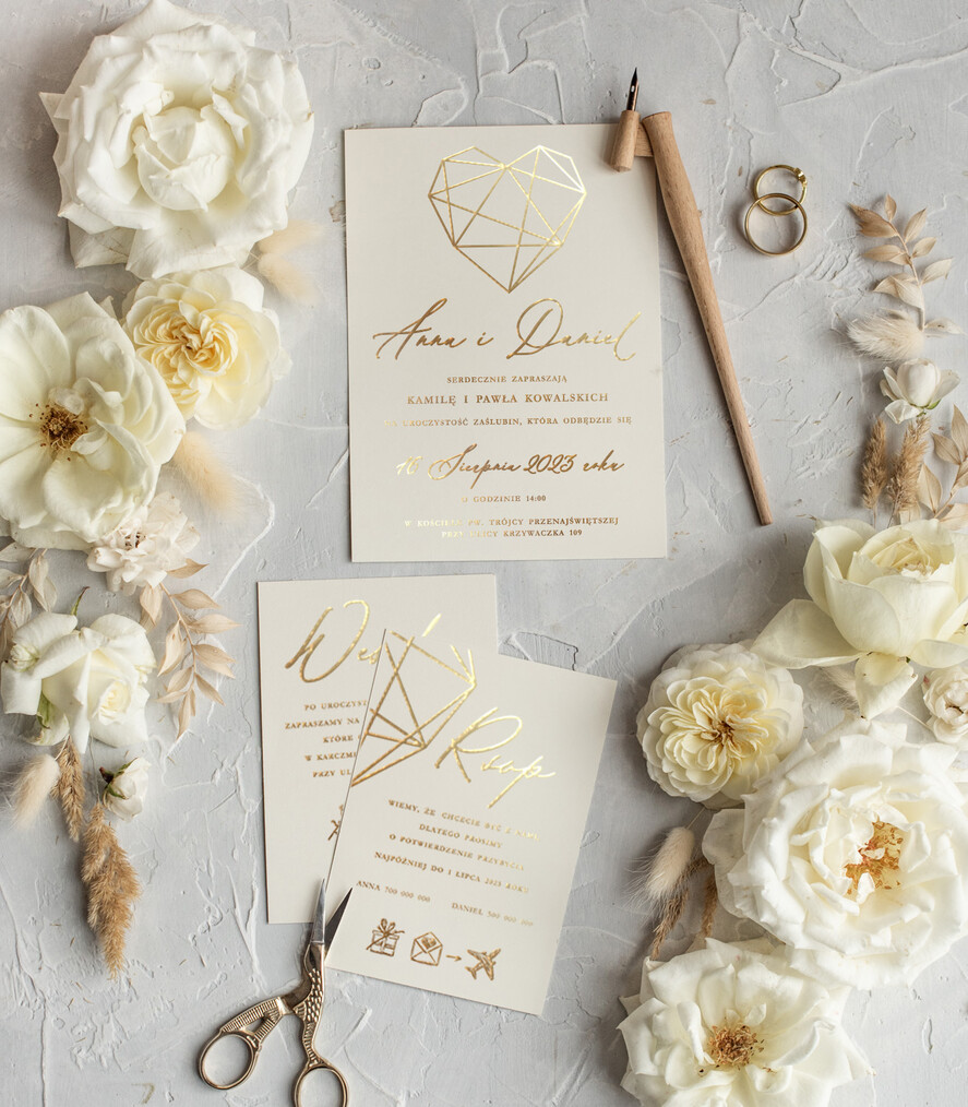 Zaproszenia ślubne Złote Glamour Złote  błyszczące zaproszenie na ślub z geometrycznym secem Złote Zaproszenia Ślubne z Listkami  Glamour Proste  Złocone Zaproszenie na Ślub7