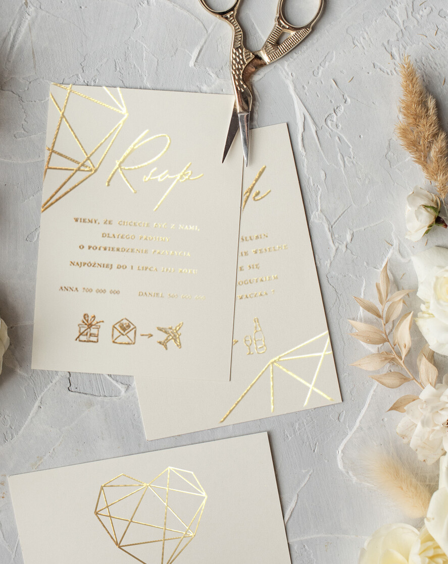 Zaproszenia ślubne Złote Glamour Złote  błyszczące zaproszenie na ślub z geometrycznym secem Złote Zaproszenia Ślubne z Listkami  Glamour Proste  Złocone Zaproszenie na Ślub8
