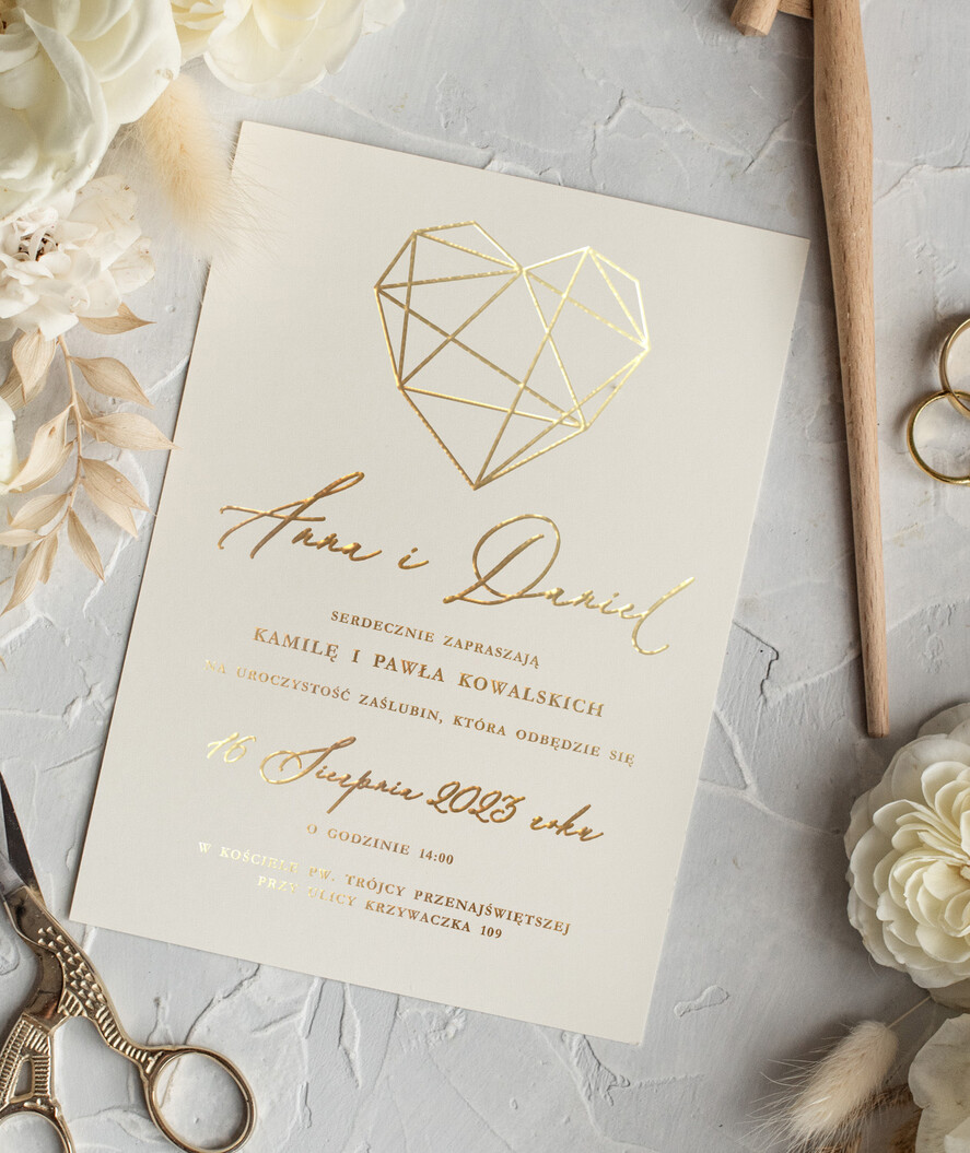 Zaproszenia ślubne Złote Glamour Złote  błyszczące zaproszenie na ślub z geometrycznym secem Złote Zaproszenia Ślubne z Listkami  Glamour Proste  Złocone Zaproszenie na Ślub9