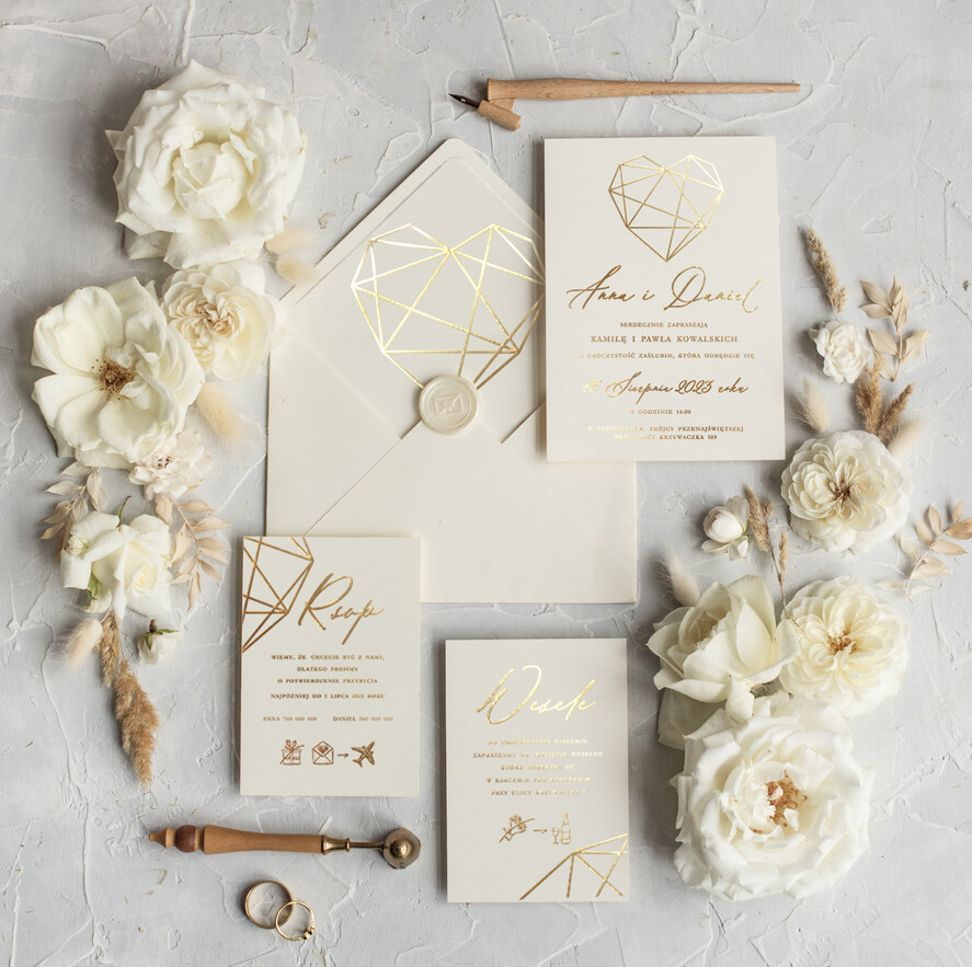 Zaproszenia ślubne Złote Glamour Złote  błyszczące zaproszenie na ślub z geometrycznym secem Złote Zaproszenia Ślubne z Listkami  Glamour Proste  Złocone Zaproszenie na Ślub0