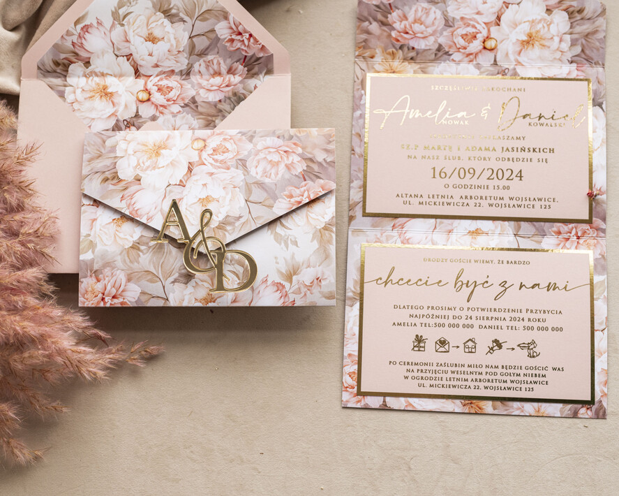 Zaproszenia ślubne Złote Glamour Poziome złote zaproszenia ślubne z lustrzanym monogramem, Kopertowe różowe zaproszenie na ślub złocone, zaproszenia na slub cywilny pudrowy róż6