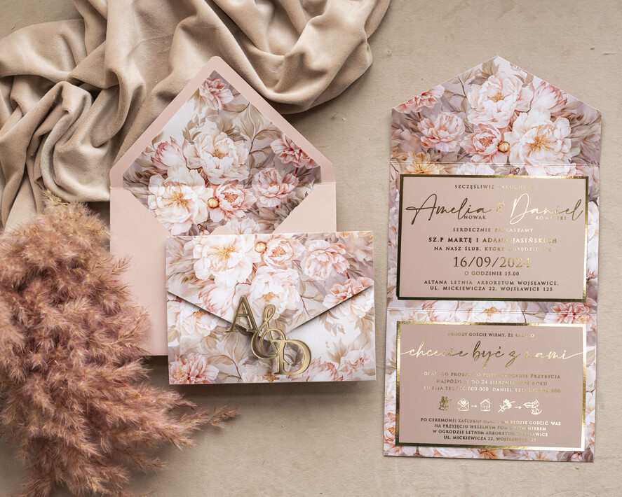 Zaproszenia ślubne Złote Glamour Poziome złote zaproszenia ślubne z lustrzanym monogramem, Kopertowe różowe zaproszenie na ślub złocone, zaproszenia na slub cywilny pudrowy róż0