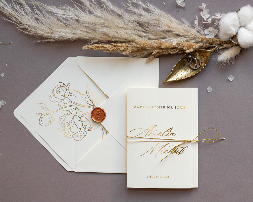 Zaproszenia ślubne Złote Glamour oryginalne zaproszenia na ślub, szykowne i złote zaproszenia ślubne składane ze sznurkiem 0