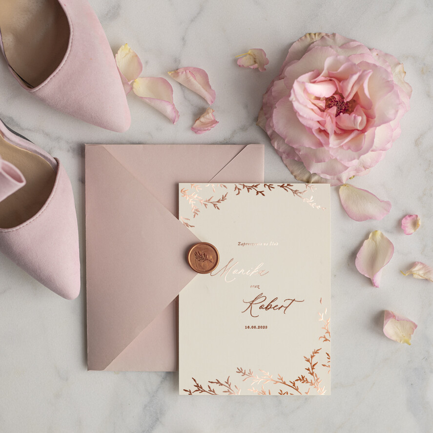 Zaproszenia ślubne Złote Glamour Listki  Minimalistyczne zaproszenia ślubne, złocone zaproszenie ślubne Proste zaproszenie na ślub Róż i Kalka 4