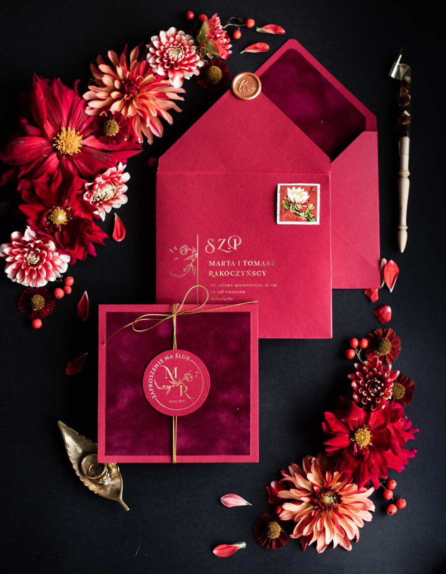 Zaproszenia ślubne Złote Glamour Ekskluzywne  Złote  zaproszenia ślubne, Welurowe zaproszenie ślubne Bordowe zaproszenie na ślub Welur4