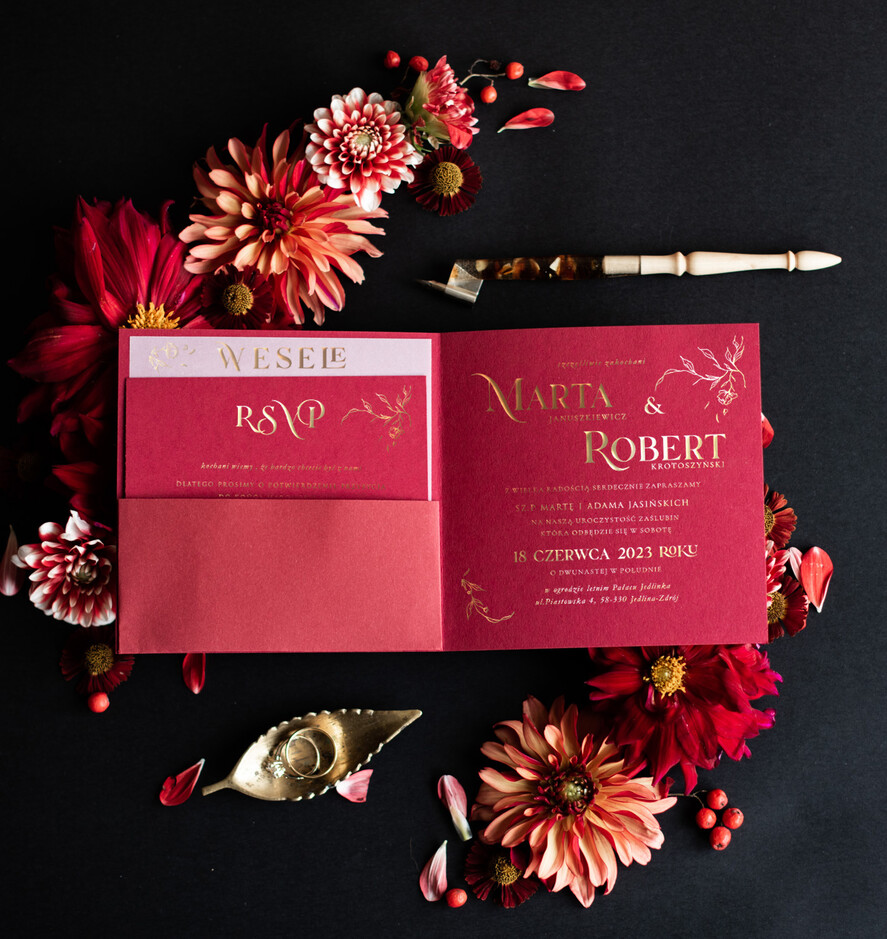 Zaproszenia ślubne Złote Glamour Ekskluzywne  Złote  zaproszenia ślubne, Welurowe zaproszenie ślubne Bordowe zaproszenie na ślub Welur6