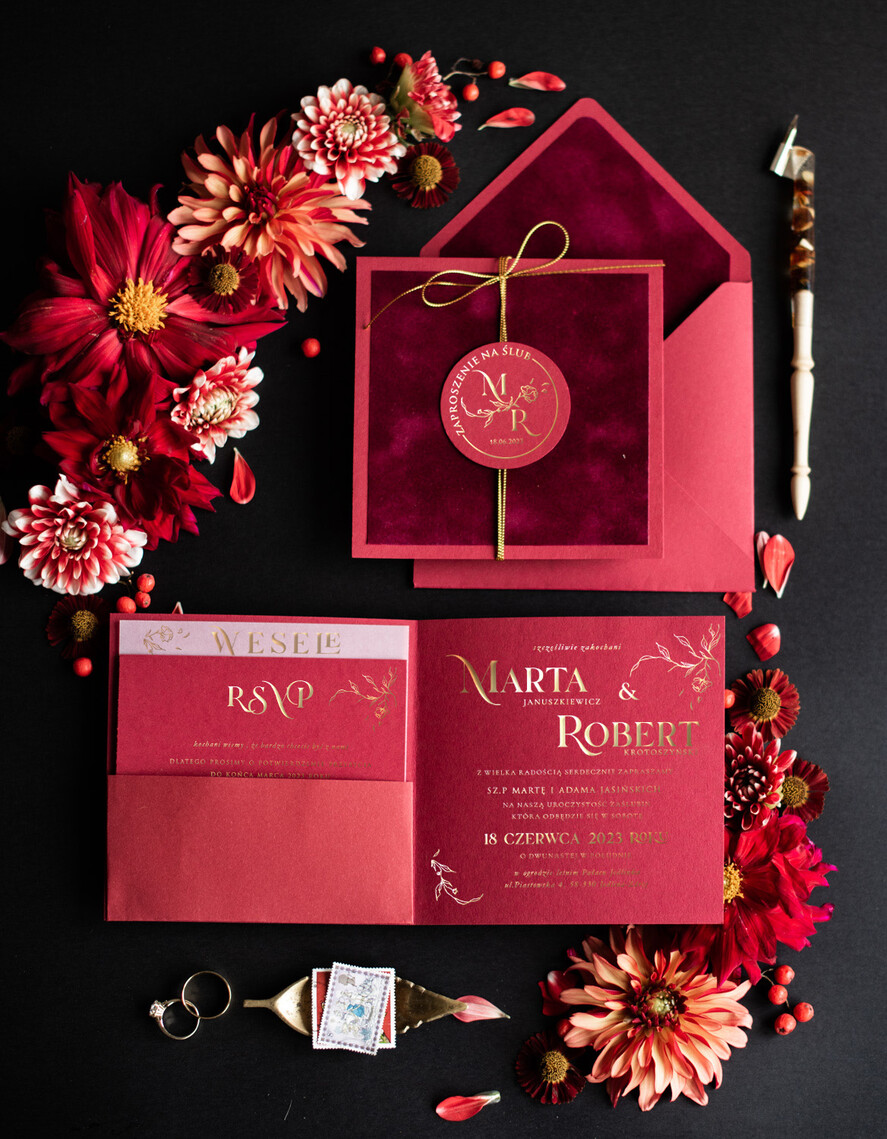 Zaproszenia ślubne Złote Glamour Ekskluzywne  Złote  zaproszenia ślubne, Welurowe zaproszenie ślubne Bordowe zaproszenie na ślub Welur0