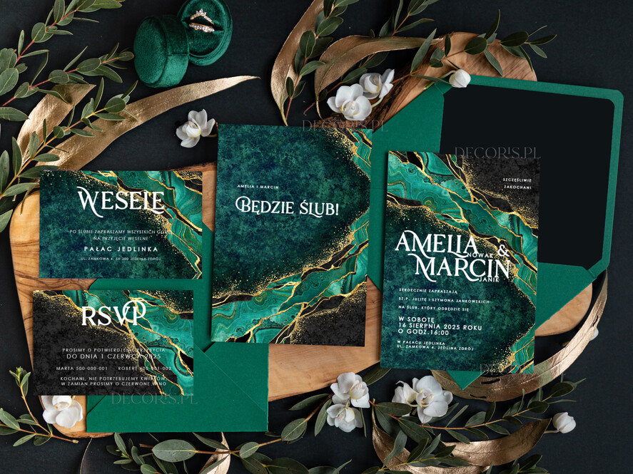 Zaproszenia ślubne Złote Glamour Marmurkowe zaproszenia ślubne, zielone zaproszenia na ślub, eleganckie złocone zaproszenia ślubne Nowoczesne wzory zaproszeń ślubnych0