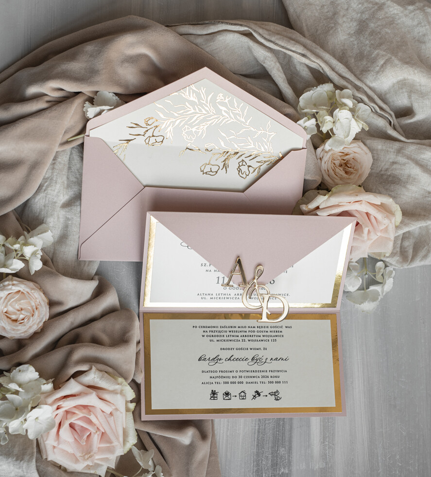 Zaproszenia ślubne Złote Glamour Eleganckie złote zaproszenia ślubne z lustrzanym monogramem, Kopertowe zaproszenie na ślub złocone, zaproszenia na ślub w stylu glamour, złote napisy na zaproszeniach ślubnych 11