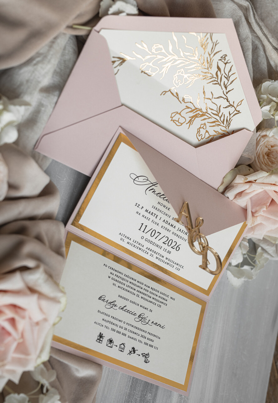 Zaproszenia ślubne Złote Glamour Eleganckie złote zaproszenia ślubne z lustrzanym monogramem, Kopertowe zaproszenie na ślub złocone, zaproszenia na ślub w stylu glamour, złote napisy na zaproszeniach ślubnych 12