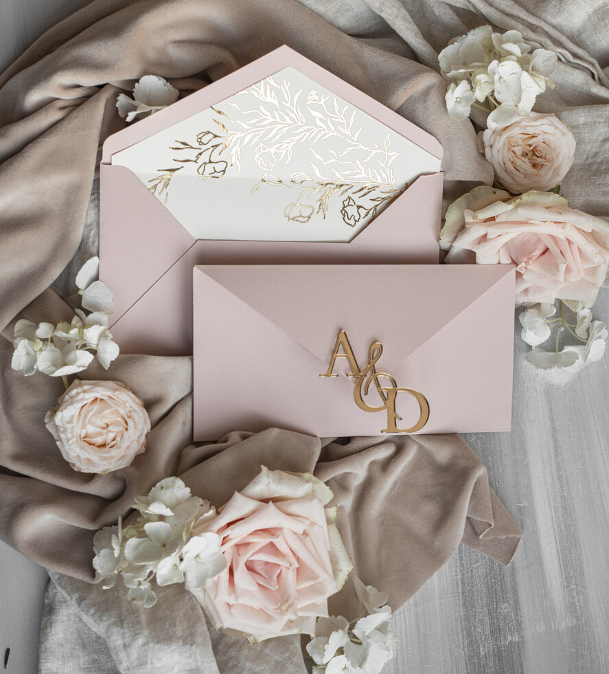 Zaproszenia ślubne Złote Glamour Eleganckie złote zaproszenia ślubne z lustrzanym monogramem, Kopertowe zaproszenie na ślub złocone, zaproszenia na ślub w stylu glamour, złote napisy na zaproszeniach ślubnych 16