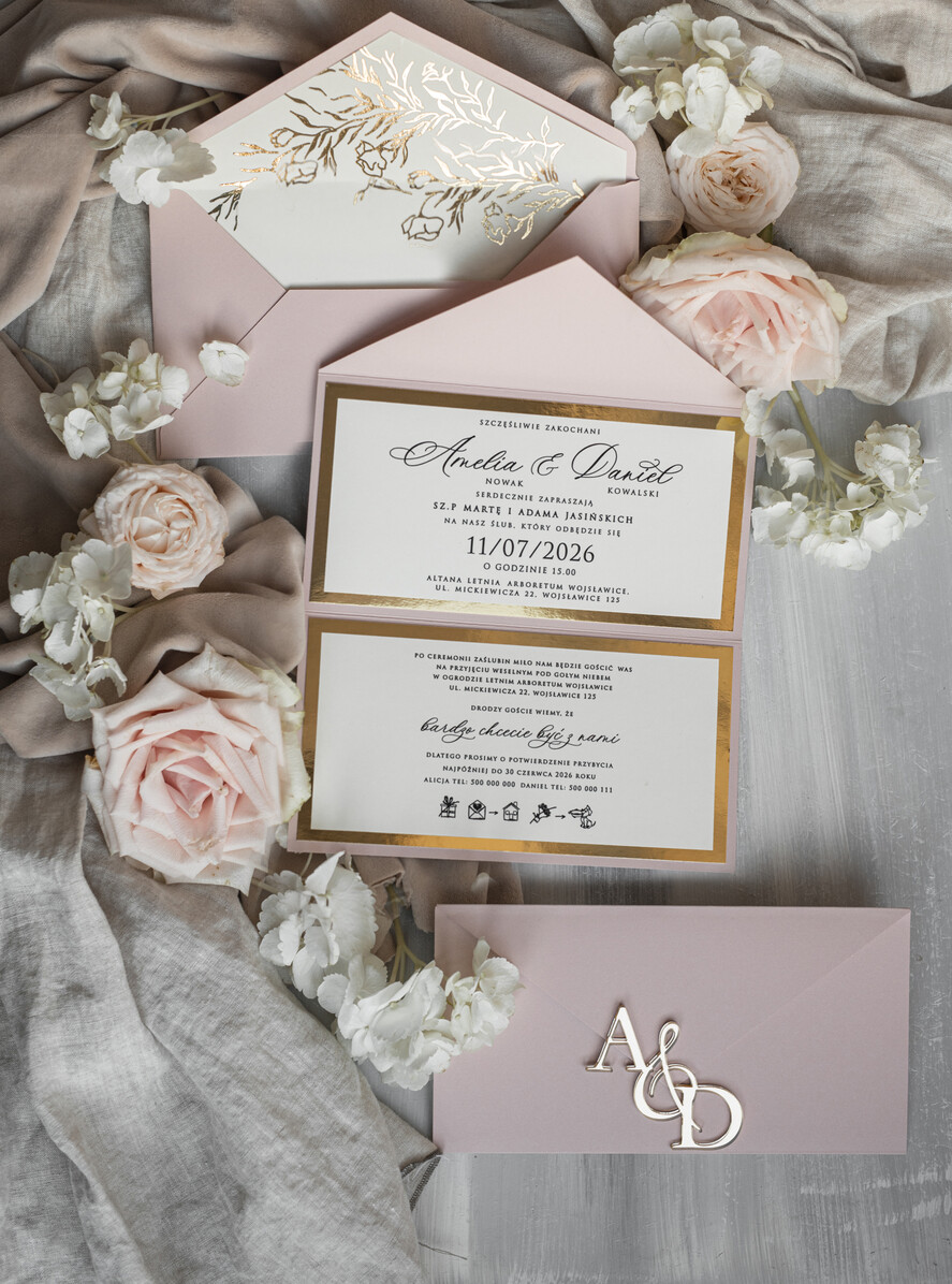 Zaproszenia ślubne Złote Glamour Eleganckie złote zaproszenia ślubne z lustrzanym monogramem, Kopertowe zaproszenie na ślub złocone, zaproszenia na ślub w stylu glamour, złote napisy na zaproszeniach ślubnych 5