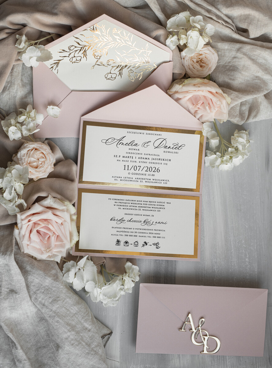 Zaproszenia ślubne Złote Glamour Eleganckie złote zaproszenia ślubne z lustrzanym monogramem, Kopertowe zaproszenie na ślub złocone, zaproszenia na ślub w stylu glamour, złote napisy na zaproszeniach ślubnych 6