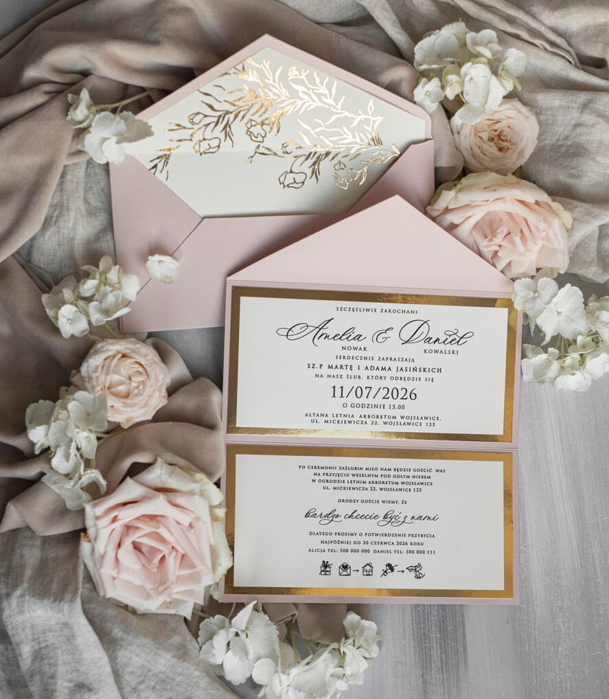 Zaproszenia ślubne Złote Glamour Eleganckie złote zaproszenia ślubne z lustrzanym monogramem, Kopertowe zaproszenie na ślub złocone, zaproszenia na ślub w stylu glamour, złote napisy na zaproszeniach ślubnych 7