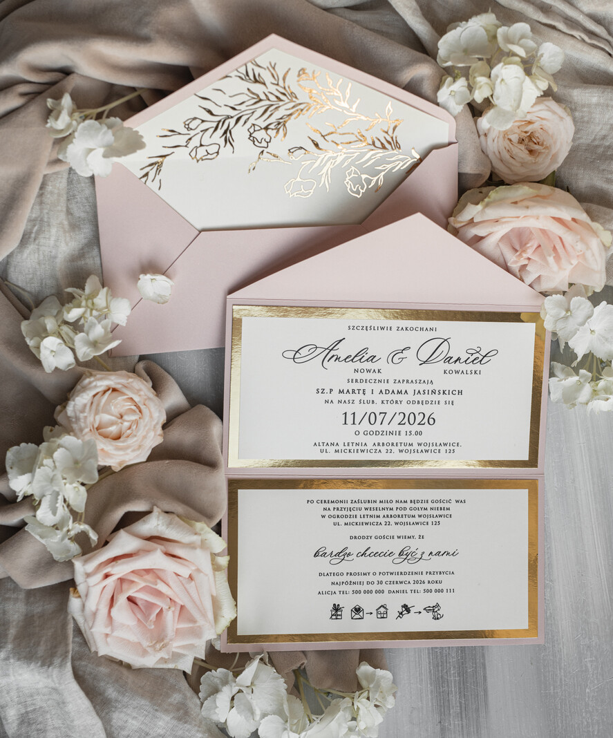 Zaproszenia ślubne Złote Glamour Eleganckie złote zaproszenia ślubne z lustrzanym monogramem, Kopertowe zaproszenie na ślub złocone, zaproszenia na ślub w stylu glamour, złote napisy na zaproszeniach ślubnych 2