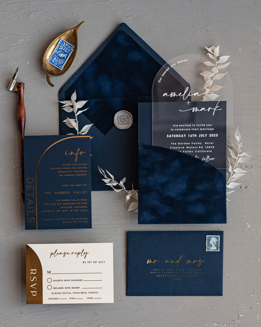 Zaproszenia ślubne Złote Glamour ekskluzywne welurowe zaproszenia na ślub, zaproszenia na slub w kieszonce, zaproszenia z pleksy w kieszonce z weluru, granatowe zaproszenia na ślub0