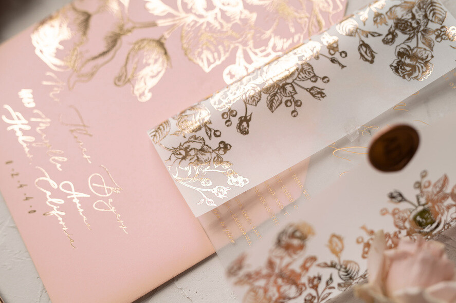 Zaproszenia ślubne Złote Glamour eleganckie złote zaproszenia transparentne zaproszenia na ślub w stylu glamour z błyszczącą kwiatową grafiką 4