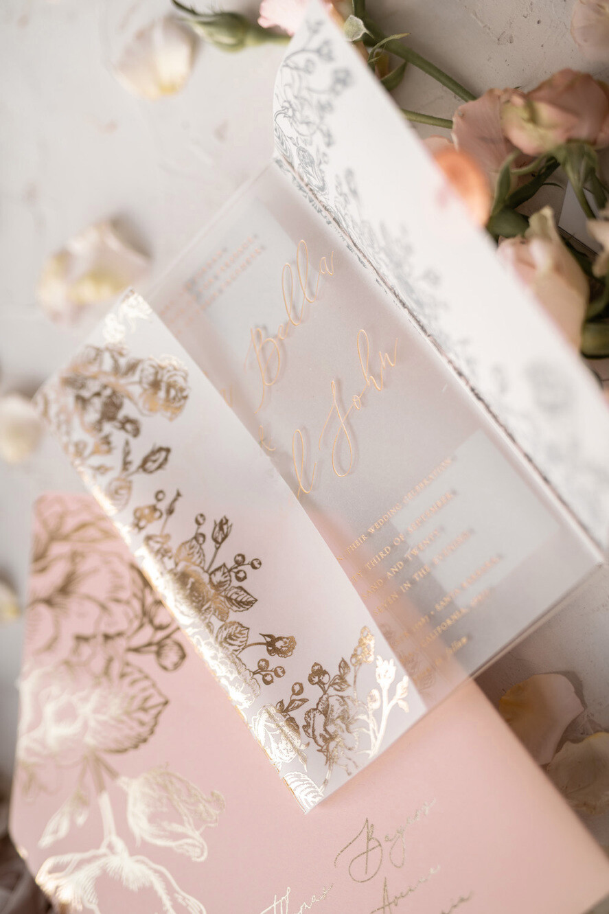 Zaproszenia ślubne Złote Glamour eleganckie złote zaproszenia transparentne zaproszenia na ślub w stylu glamour z błyszczącą kwiatową grafiką 3